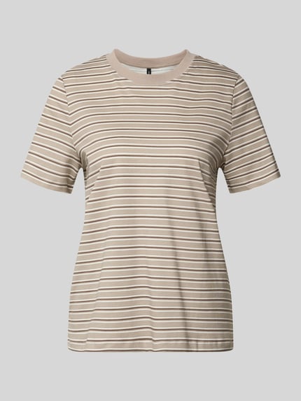 Produktfoto, Regular Fit T-Shirt aus reiner Baumwolle Modell 'PAULINA' von Vero Moda, wzór w paski, dżersej, damski t-shirt, beżowy, efekt: wzór na całej powierzchni, okrągły dekolt, krótki rękaw
