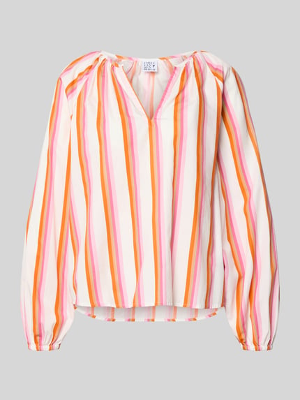 Produktfoto, Regular Fit Bluse mit plooien van Emily Van den Bergh uit puur katoen, V-hals, blouse met lange mouwen, elastische mouwboord, ruglengte maat 36 62 cm, mouwlengte maat 36 62 cm, gestreept in roze, oranje en wit