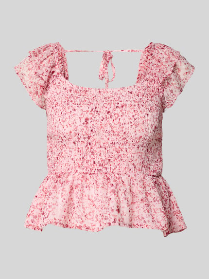 Produktfoto, Slim Fit Blusentop mit Allover-Muster Modell 'ELIZA' von Only, florales Muster, Volants, Henley-Ausschnitt, Chiffon, rosa-rot.