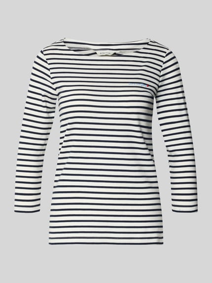Produktfoto, Regular Fit 3/4-Shirt aus Baumwoll-Mix von Tom Tailor mit Allover-Streifenmuster, U-Boot-Ausschnitt, Schriftzug-Print.