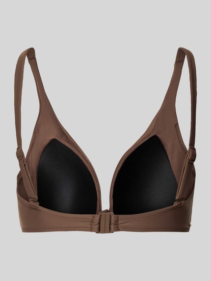 Produktfoto, Bikini-Oberteil mit Knotendetail Modell 'KELLI' von Barts, mieszanka materiałów z dodatkiem streczu, dopasowany krój, dekolt w serek, wiązany detal, regulowane ramiączka, kolor brązowy, gładka tekstura
