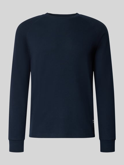 Produktfoto, Regular Fit Langarmshirt mit Waffelstruktur van Tom Tailor Denim in effen donkerblauw, ronde hals, katoenmix, piquéstructuur.