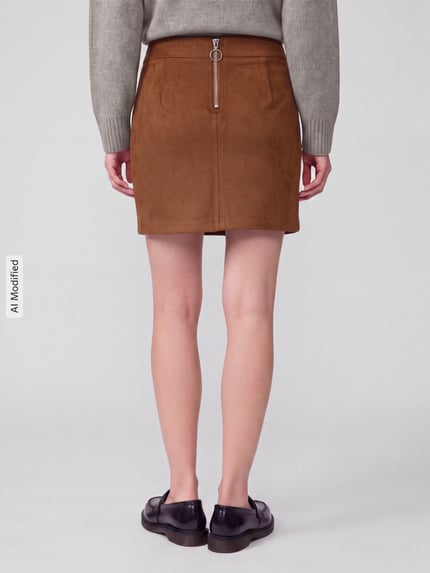 Frauenmodel trägt Ausgestellter Mini-Rock aus reiner Baumwolle Modell 'DONNADINA' von VERO MODA in Braun, glatte Textur, Ganzkörperansicht Rückansicht, KI-modifiziertes Bild.