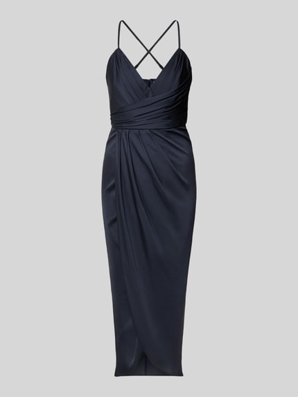 Productfoto, Cocktailkleid aus Satin in Wickel-Optik van V by Vera Mont, zwart, recht model, midi-lengte, spaghettibandjes, gladde satijnen structuur