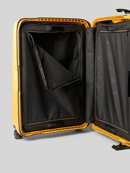 Produktfoto, Koffer mit Logo-Detail Modell 'Spinner' von Samsonite in Gelb, Hartschale mit schwarzen Fächern und Reißverschlüssen, breites Hauptfach, strukturierte Oberfläche, Innenansicht, Maße: 71 x 48 x 30 cm