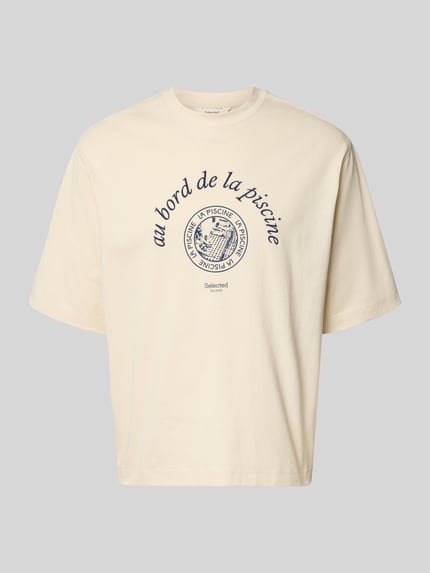 Produktfoto, Relaxed Fit T-Shirt aus reiner Baumwolle Modell 'BOXYNORMAN GRAPHIC' von SELECTED HOMME in Beige, Jersey mit blauem Motiv-Print und Rundhals.