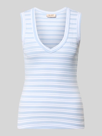 Produktfoto, Slim Fit Top mit V-Ausschnitt Modell 'Elle' von MOS MOSH aus Reine Baumwolle, hellblau-weiß gestreift, Rückenlänge 58 cm in Größe S