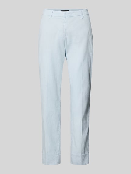 Produktfoto, Leinenhose mit Baumwoll-Anteil von Cambio in Hellblau, straight Fit, verkürzt, Gürtelschlaufen, gekrempelter Saum, Eingriff- und Gesäßtaschen