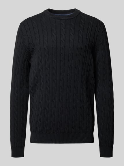 Produktfoto, Strickpullover met geribde boorden van Christian Berg Men in zwart, katoen, regular fit, ronde hals, kabelstructuur