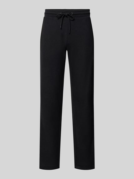 Produktfoto, spodnie dresowe Sweatpants mit elastischem Bund und Tunnelzug von bugatti, czarne, krój regular fit, mieszanka bawełny, wpuszczane kieszenie, długość wewnętrzna nogawki w rozmiarze M: 80 cm