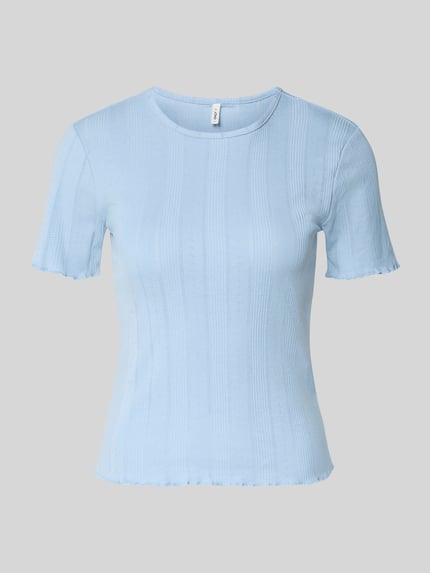 Produktfoto, Slim Fit T-Shirt aus Baumwoll-Mix Modell 'TENNA' von Only, hellblau, unifarben mit Frill-Abschlüssen, Rundhals, kurzarm