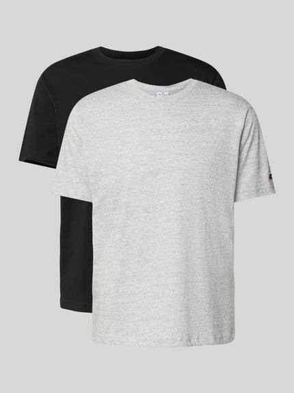 Produktfoto, T-Shirt mit Rundhalsausschnitt im 2er-Pack von CHAMPION in Schwarz und Hellgrau, reine Baumwolle, Regular Fit, Label-Detail