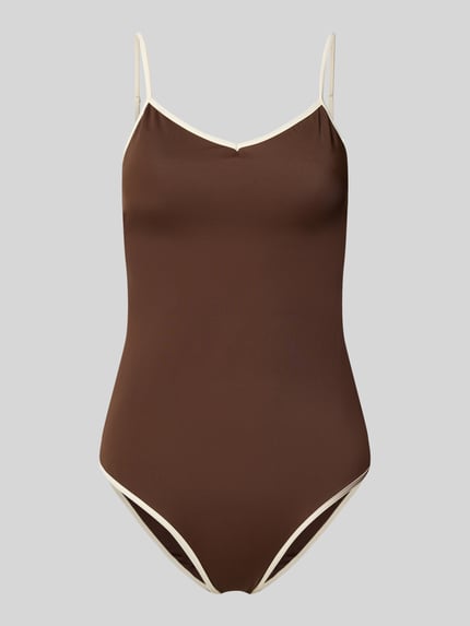 Produktfoto, Badeanzug mit Kontrastkante Modell 'FELICE SOLID' von Neo Noir aus Material-Mix mit Stretch-Anteil, Braun mit Creme, V-Ausschnitt