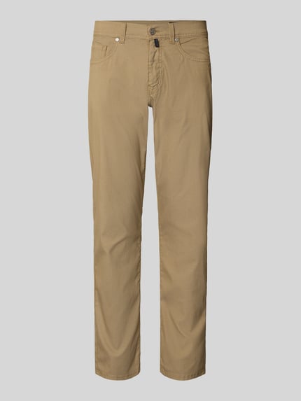 Produktfoto, Fein strukturierte Hose mit Label-Detail von Pierre Cardin, bawełniany materiał z domieszką stretchu, krój regular fit, beżowy odcień, Szerokość w rozmiarze 32/32: 43 cm, długość nogawki: 79 cm