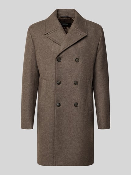 Produktfoto, brązowy płaszcz z mieszanki wełny, kołnierz z połami, wpuszczane kieszenie, dwurzędowy Model 'Valid' od CINQUE dla mężczyzn, krój slim fit, długość tyłu w rozmiarze 50: 96 cm, szerokość ramion: 46 cm, szerokość w rozmiarze 50: 58 cm, długość rękawów: 67 cm