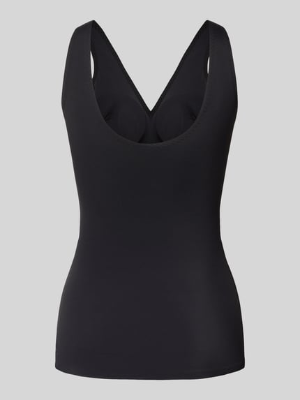 Productfoto, zwart Slim Fit Top met V-hals model 'Invisible' van Schiesser, elastische stof, glad oppervlak, dames top