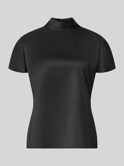 Produktfoto, T-Shirt aus Viskose-Mix mit Stehkragen von Stefanel, schwarze Satin-Oberfläche, lockere Passform, glatte Struktur
