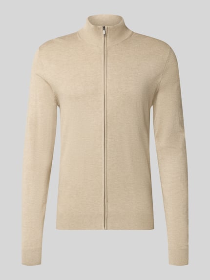 Produktfoto, Slim Fit Strickjacke aus Viskose-Mix mit Stehkragen von MCNEAL, beżowy, zamek błyskawiczny, elastyczne wykończenia, Mieszanka wiskozy, krój slim fit, stójka, Długość tyłu 70 cm, Długość rękawów 70 cm