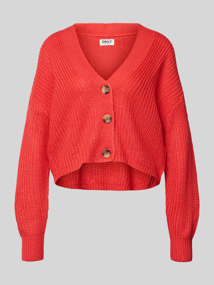 Produktfoto, Regular Fit Strickjacke mit einreihiger Knopfleiste Modell 'CAROL NICE' von Only, rot, Strickoptik, cropped, unifarben.