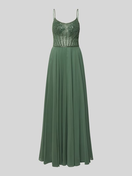 Produktfoto, Abendkleid mit Pailletten von Hey Kyla in Dunkelgrün mit tailliertem Schnitt, Chiffon, Maxilänge, Rundhalsausschnitt.