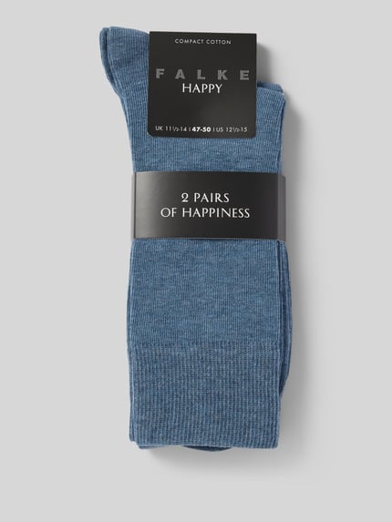 Produktfoto, Socken im 2er-Pack von FALKE für Herren aus Baumwollmischung, Modell Happy, breiter Komfortbund, verstärkte Ferse und Spitze, blaue Farbe, fein strukturierte Textur