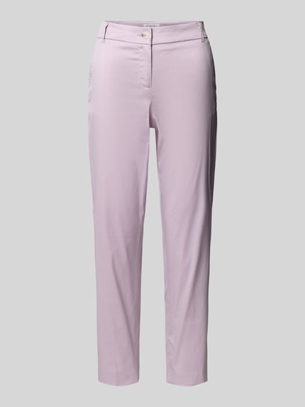 Produktfoto, Slim Fit Stoffhose in verkürzter Passform von Christian Berg Woman aus Baumwoll-Mix, zartes Rosa, Eingrifftaschen, Knopf-Reißverschluss, glatte Oberfläche, Damen, Bundweite 40 cm, Innenbeinlänge 68 cm.