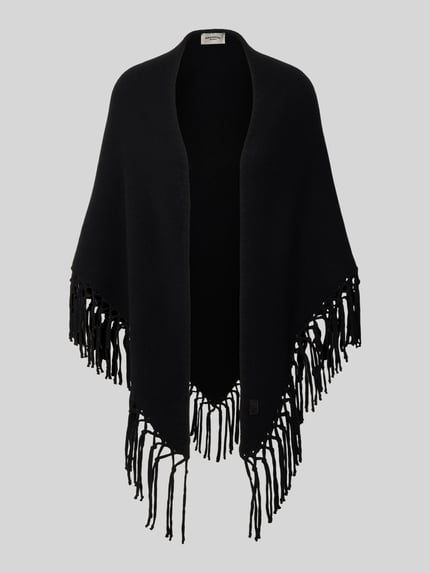 Produktfoto, schwarzer Poncho aus reiner Schurwolle mit Fransen Modell 'TORNADO' von Weekend Max Mara, einfarbig, grobe Textur
