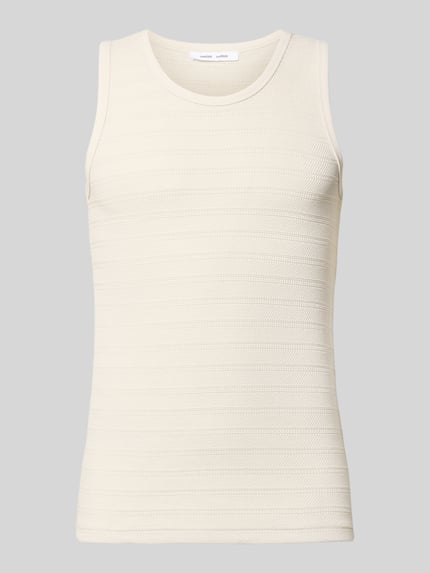 Produktfoto, Tanktop mit Strukturmuster Modell 'lars' von Samsøe Samsøe, Herren Tanktop aus Reine Baumwolle, Slim-Fit, Rundhalsausschnitt, Rückenlänge 68 cm Größe M, cremefarben mit feinen Querstreifen und leicht strukturierter Oberfläche.