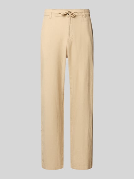 Produktfoto, Loose Fit Leinenhose mit Tunnelzug Modell 'BRODY' von Selected Femme in unifarbener Optik aus Bio-Baumwoll-Leinen-Mix, beiger Farbton, sichtbare Gürtelschlaufen und seitliche Eingrifftaschen, strukturierte Flammgarn-Textur