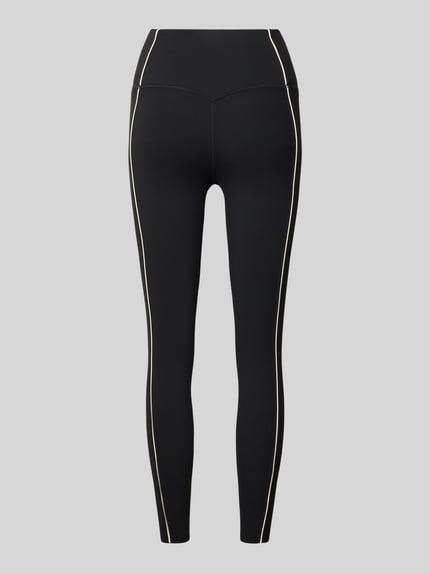 Produktfoto, schwarze Leggings mit Kontraststreifen und Logo-Print, elastischer Bund, Modell 'Sense Contrast' von aim'n, Material-Mix mit Stretch-Anteil, körpernaher Schnitt.