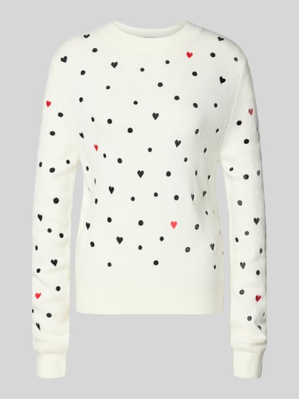 Produktfoto, Regular Fit Strickpullover mit Stickereien von Tom Tailor Denim, weiß, schwarze Punkte und kleine Herzen, Stricktextur, gerippte Abschlüsse, Crew Neck, Damenpullover unifarben/Melange
