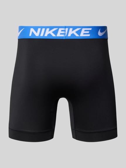 Produktfoto, Trunks mit Label-Details im 3er-Pack von Nike, schwarze Farbe, blauer Elastischer Bund, Material-Mix mit Stretch-Anteil, körpernahe Passform.