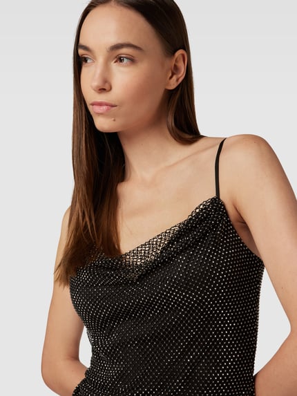 LUXUAR FASHION Knielanges Cocktailkleid aus Netzstoff mit Ziersteinbesatz Black 3