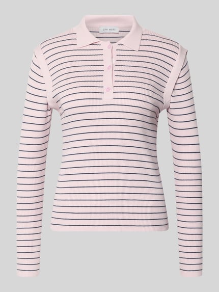 Produktfoto, Strickpullover mit Polokragen Modell 'VERAN' von Copenhagen Muse in Rosa mit dunkelblauen Streifen, Viskose-Mix, Slim Fit