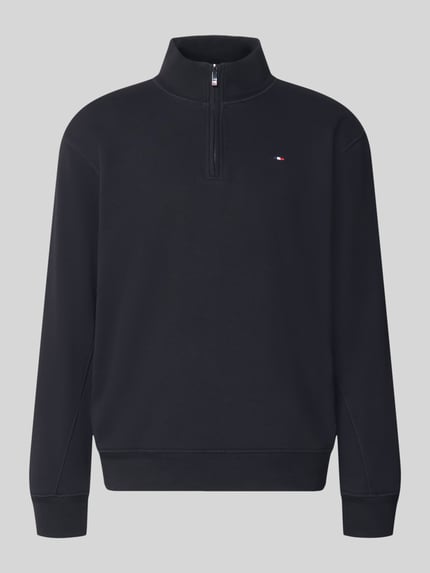 Produktfoto, Troyer mit Logo-Stitching und gerippten Abschlüssen von HECHTER PARIS, Baumwoll-Mix, Regular Fit, Troyer-Kragen, dunkelblau.