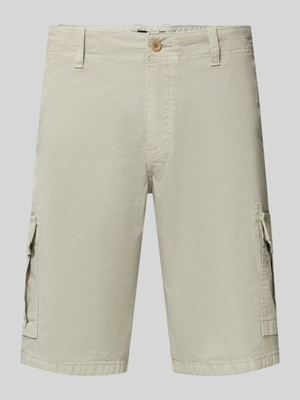 Produktfoto, Bermudas mit Cargotaschen von bugatti in Beige, Regular-Fit, Knopf-und Reißverschluss, Cargotasche, Gesäßtasche, Bundweite 45 cm, Innenbeinlänge 30 cm, Größe 50, glatte Baumwollstruktur.