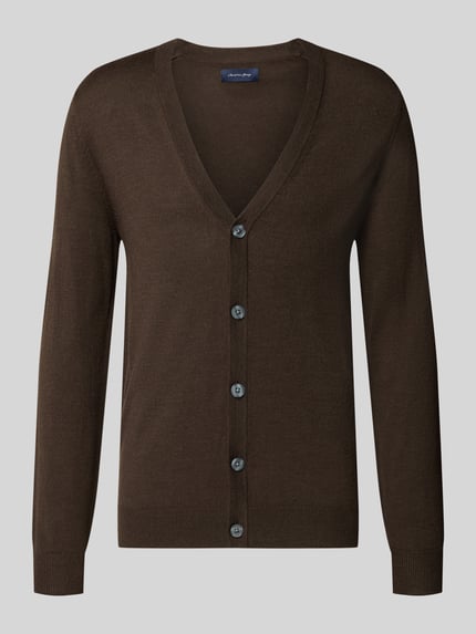 Produktfoto, Cardigan aus Woll-Mix mit V-Ausschnitt von Christian Berg Men in Dunkelbraun, körpernaher Schnitt, Knopfleiste, glatte Textur