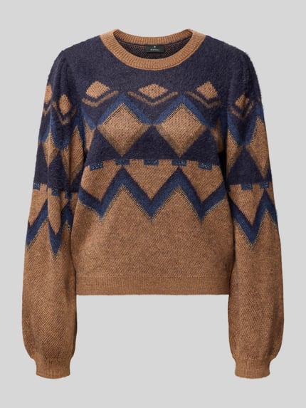 Produktfoto, Relaxed Fit Strickpullover mit Woll-Anteil von monari in Braun und Dunkelblau, Zackenmuster, gestrickt, Rundhalsausschnitt