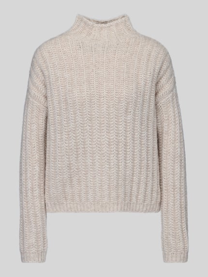 Produktfoto, beżowy sweter z dzianiny o grubym splocie, prosty krój, faktura miękka, Boxy Fit Strickpullover aus Baumwoll-Mix mit Woll-Alpaka-Anteil Modell 'Safineyny' von HUGO, sweter damski