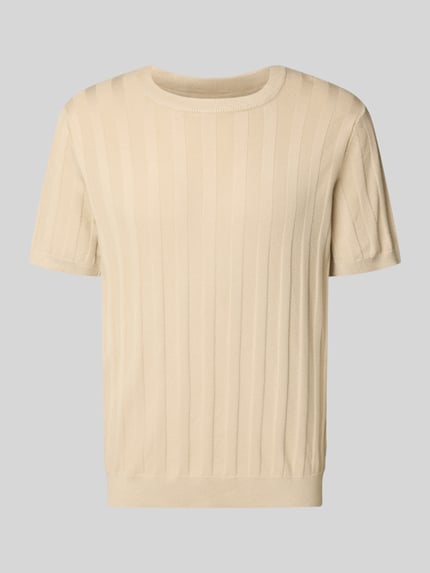 Produktfoto, Strickshirt aus Viskose-Mix mit Rundhalsausschnitt von Lindbergh in Beige, Ripp-Optik, Regular Fit, kurze Ärmel, glatte Textur