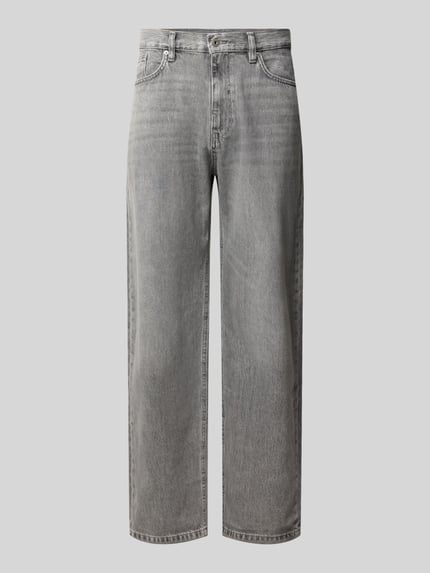 Produktfoto, Straight Fit Jeans aus reiner Baumwolle im Used-Look von REVIEW in Grau mit 5-Pocket-Design und Gürtelschlaufen, Jeansstruktur