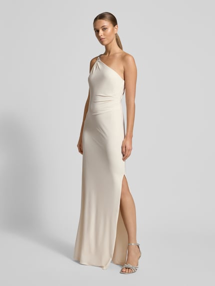 Kobiece modelka prezentuje Sukienka wieczorowa im One-Shoulder-Look Model 'BELINA' od Lauren Ralph Lauren, mieszanka materiałów z dodatkiem streczu, podkreślająca figurę, długa sukienka z ozdobnymi kamieniami, jasna kolorystyka, gładka tekstura, całkowity widok z przodu.