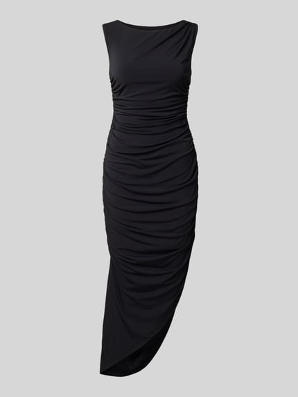 Productfoto, Cocktailkleid in asymmetrischer Form van Jake*s Cocktail in zwart, materiaal-mix met stretch, getailleerde fit, midi-jurk, draperingen, asymmetrische vorm, ruglengte 130 cm bij maat 36, borstwijdte 34 cm bij maat 36