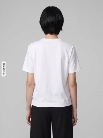 Frauenmodel trägt Boxy Fit T-Shirt aus Baumwoll-Viskose-Mix Modell 'ESSENTIAL' von Selected Femme in Weiß, glatte Struktur, Ganzkörperansicht Rückansicht, Damen T-Shirt von Selected Femme, KI-modifiziertes Bild.