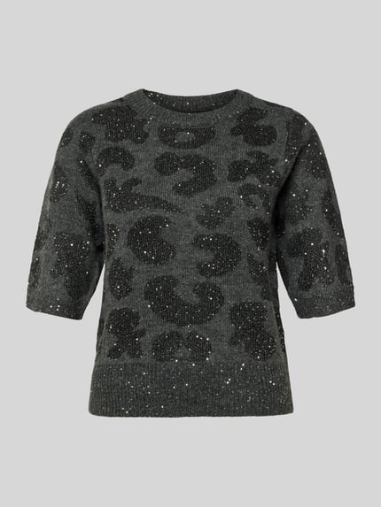 Produktfoto, Shaped Fit Strickpullover mit Woll-Anteil Modell 'ZUZU 2/4 O-NECK PULLOVER' von Vero Moda, szary, połyskujący sweter z abstrakcyjnym wzorem i cekinami, okrągły dekolt, rękaw 1/2, prążkowane wykończenia, dzianina