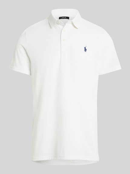 Produktfoto, weißes Tailored Fit Poloshirt mit Label-Stitching von Ralph Lauren aus Baumwoll-Mix, kurze Ärmel, Knopfleiste, glatte Textur.