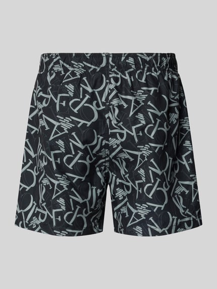 Produktfoto, Regular Fit Shorts mit Allover-Logo-Print von Emporio Armani in Schwarz mit elastischem Bund und Tunnelzug, glatte Textur