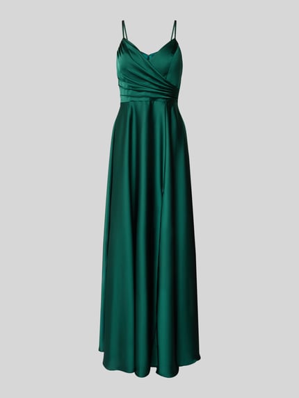 Produktfoto, Abendkleid mit Spaghettiträgern und V-Ausschnitt von Laona z satyny, krój taliowany, długość maxi, zielony kolor, ułożone fałdy, Szerokość w rozmiarze 36: 39 cm, Długość pleców w rozmiarze 36: 155 cm