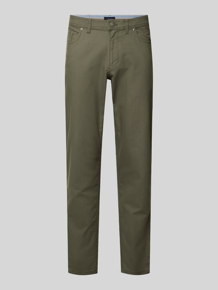Produktfoto, Straight Fit Hose mit Strukturmuster von Christian Berg Men aus Reine Baumwolle in Olivgrün mit 5-Pocket-Design, Knopf-Reißverschluss.