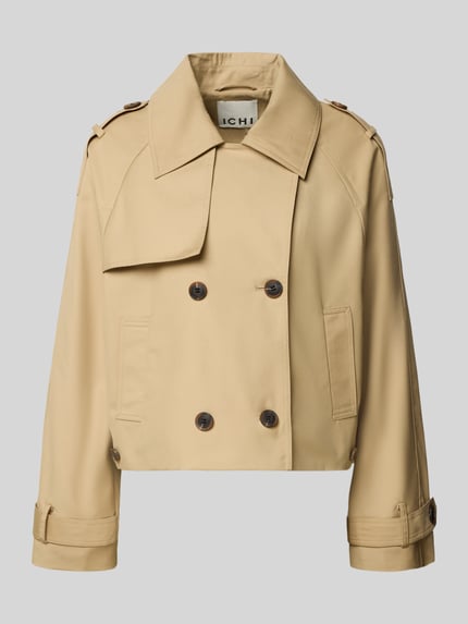 Produktfoto, Regular Fit Damen Jacke mit Viskose-Anteil Modell 'EPARZA' von ICHI in Beige, Material-Mix, Umlegekragen, doppelte Knopfleiste, Eingrifftaschen, Rückenlänge 53 cm, Schulterbreite 43 cm, Brustweite 53 cm, Ärmellänge 60 cm, matte, glatte Textur.